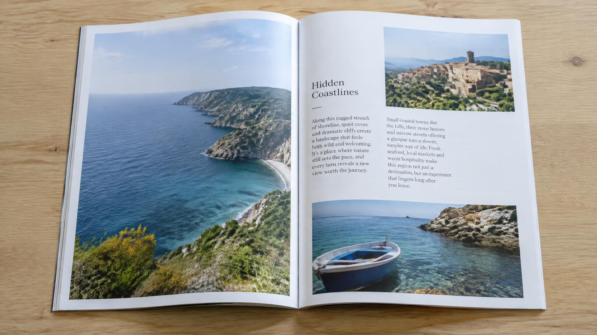 Open magazine layout with photographs on a light table
