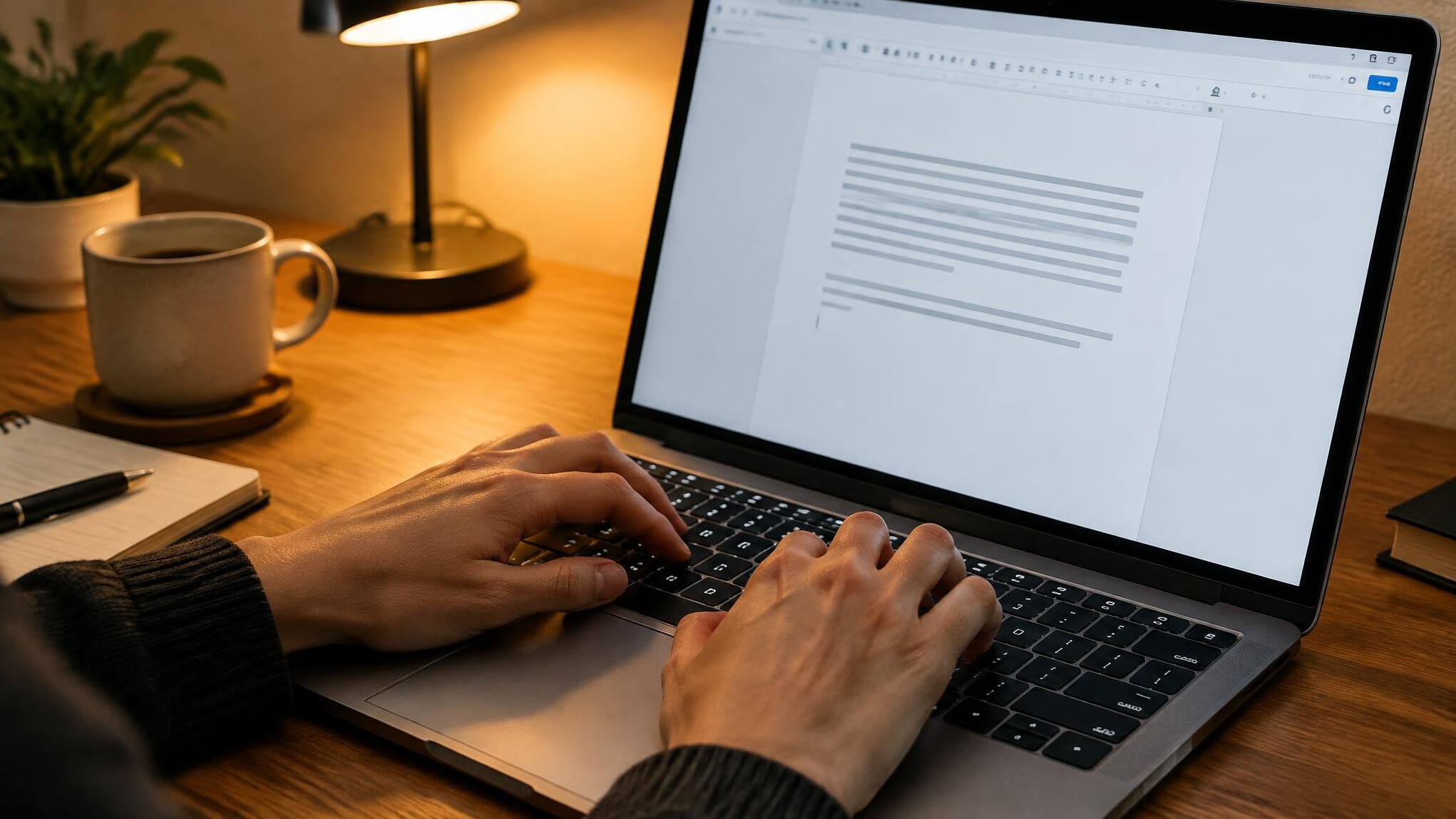 Person typing an article draft on a laptop keyboard
