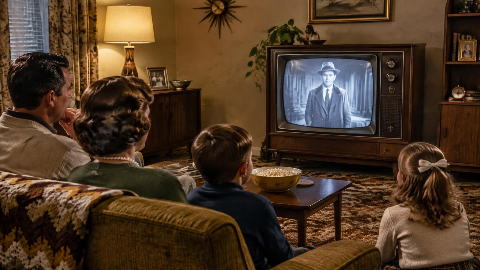 group watching old tv
