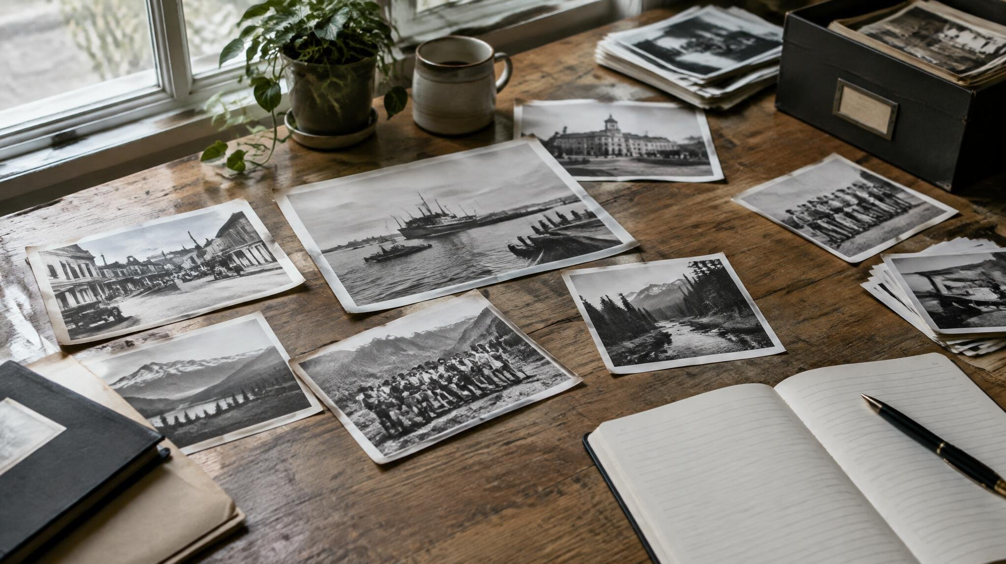 Journalist writing notes at a wooden desk with old photographs