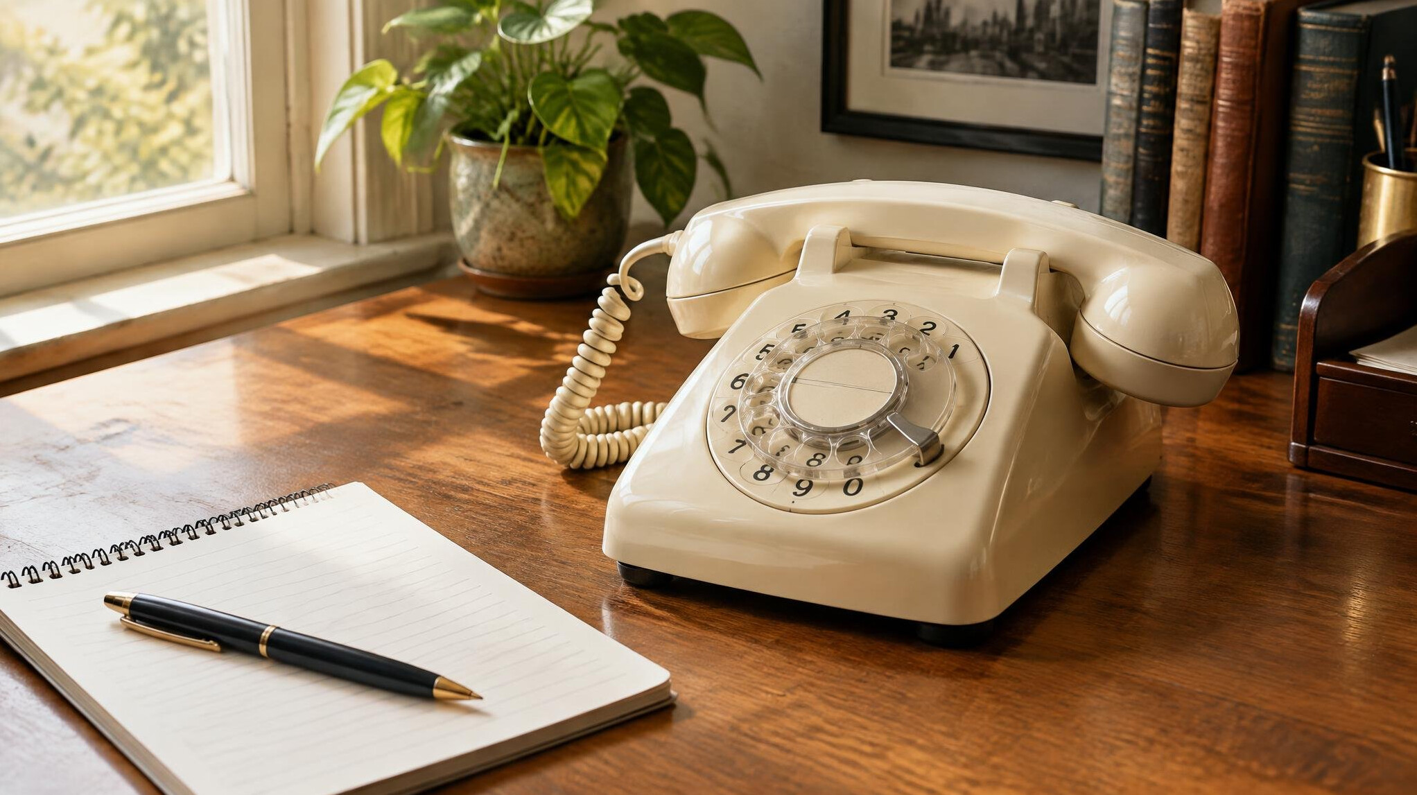 Vintage rotary telephone on a wooden desk