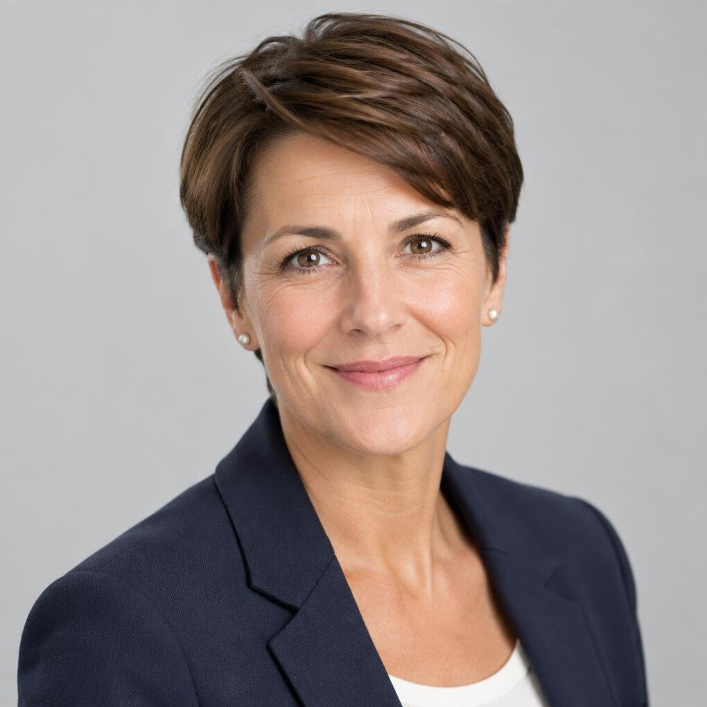 Studio portrait of a middle-aged European woman with short hair, smiling