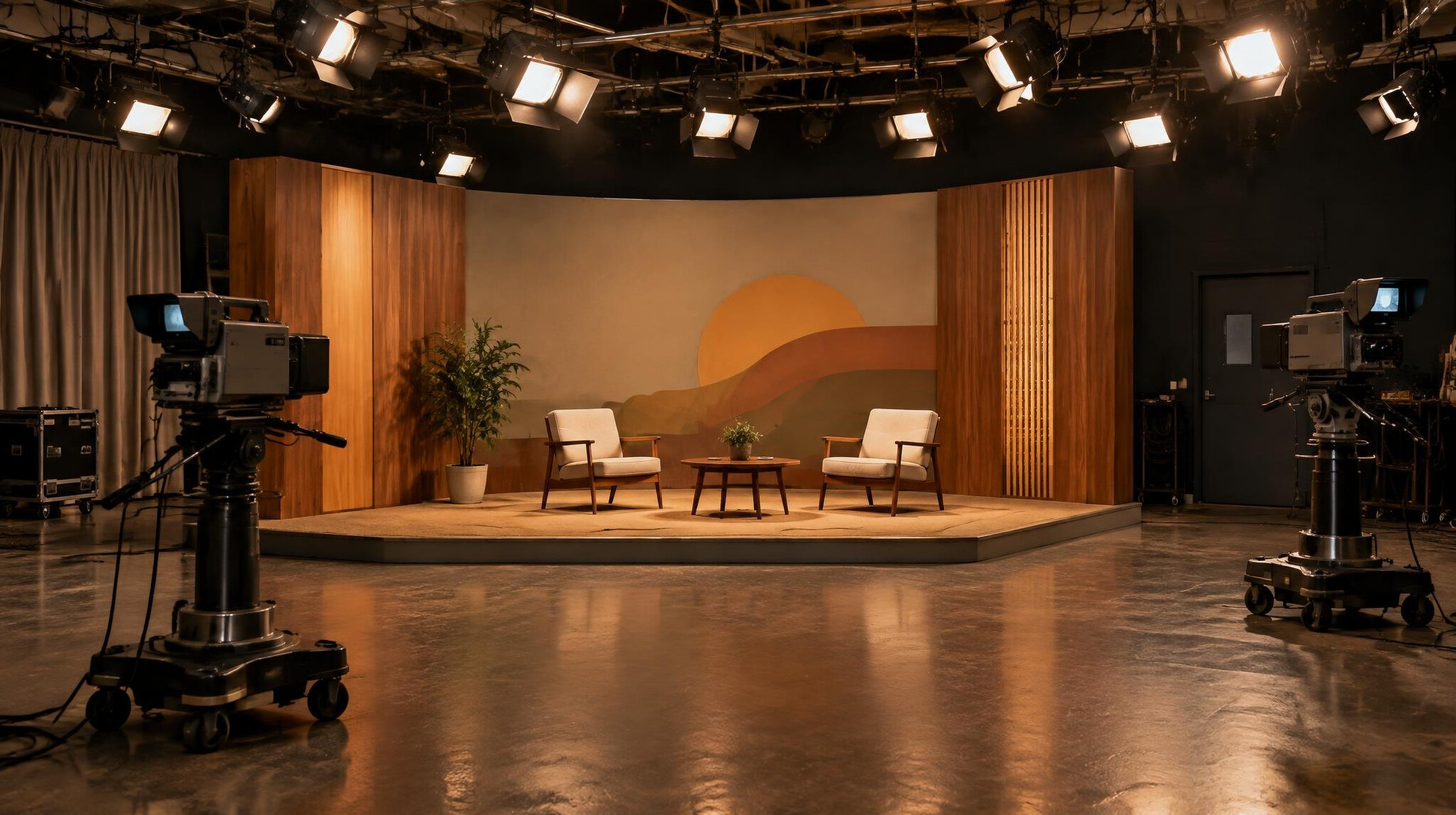 Old television studio set with lighting rigs overhead