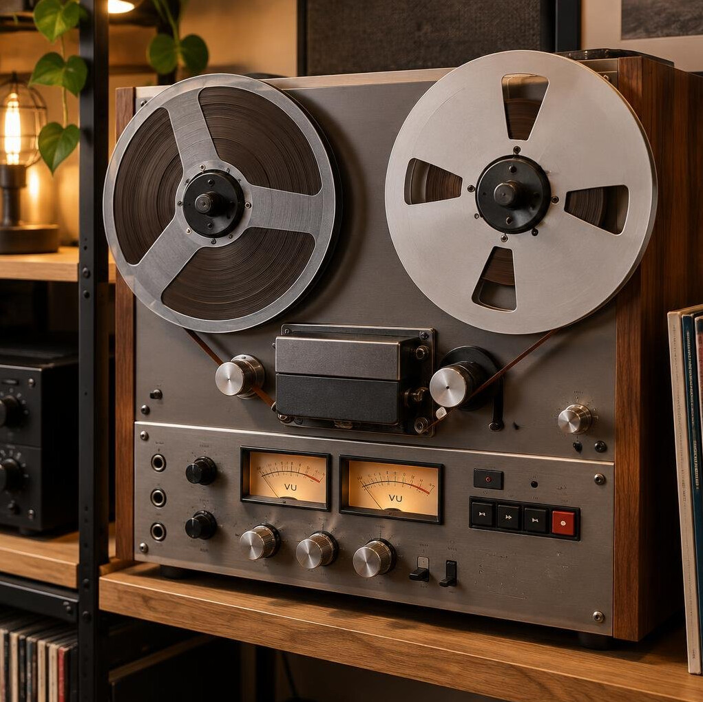 Open reel-to-reel tape recorder with exposed tape