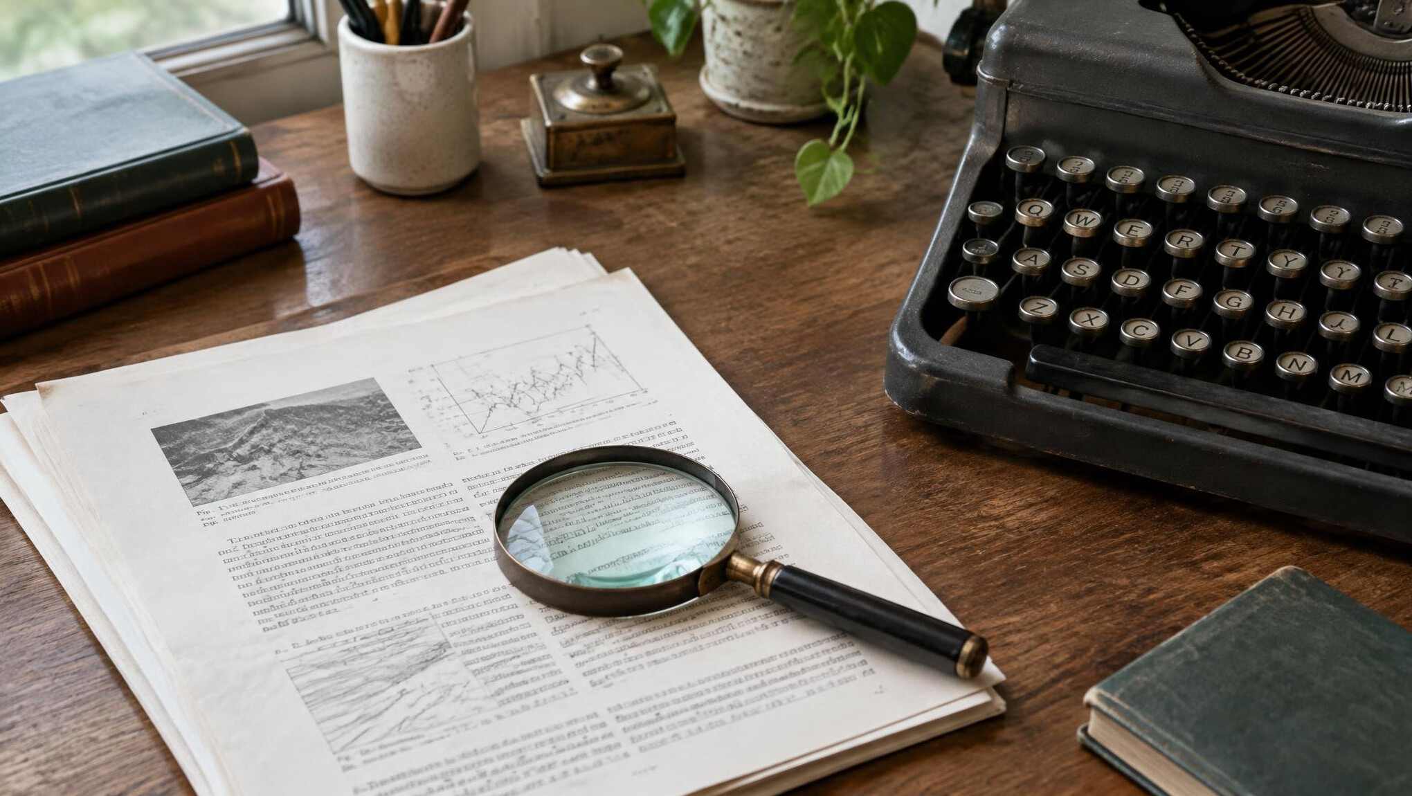 Editor reviewing printed research notes next to a typewriter