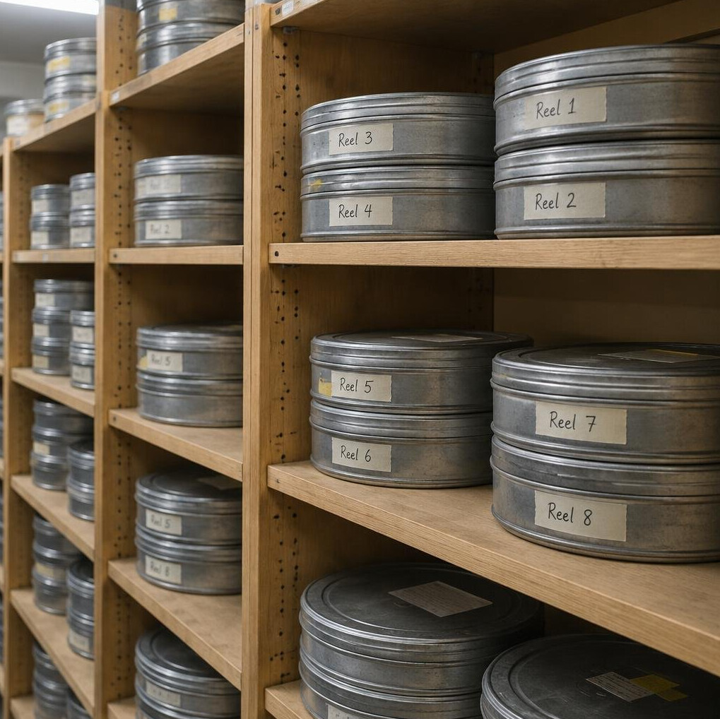 Rows of labelled film cans on archive shelving