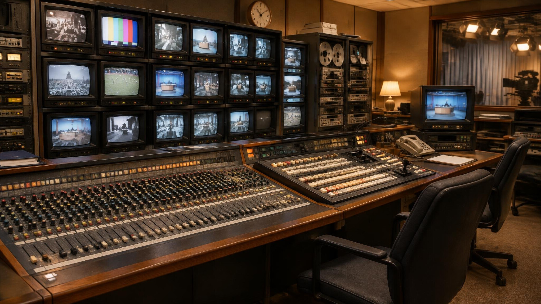 Vintage television studio control room with analogue mixing console